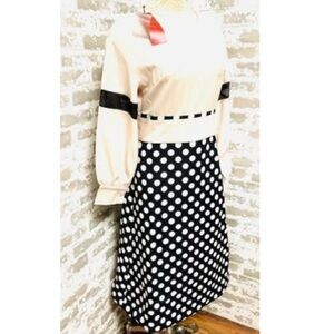 Metisu Long Sleeve Cream and Navy Polka Dot Midi Dress Size M
